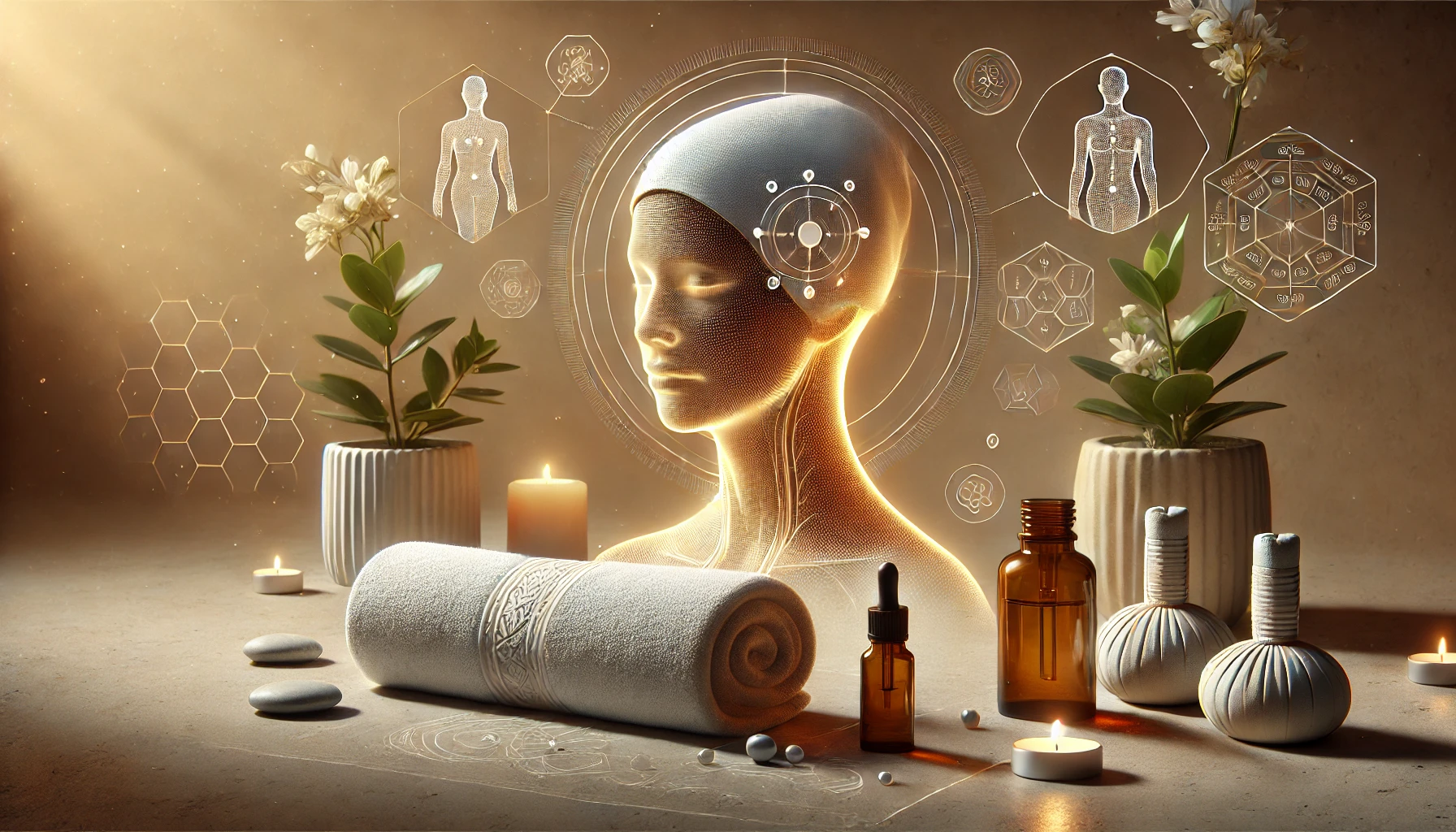 lugn spa-miljö med eteriska oljor, en mjuk handduk och illustrationer av tryckpunkter, symboliserande huvudmassage för avslappning och förbättrad blodcirkulation.