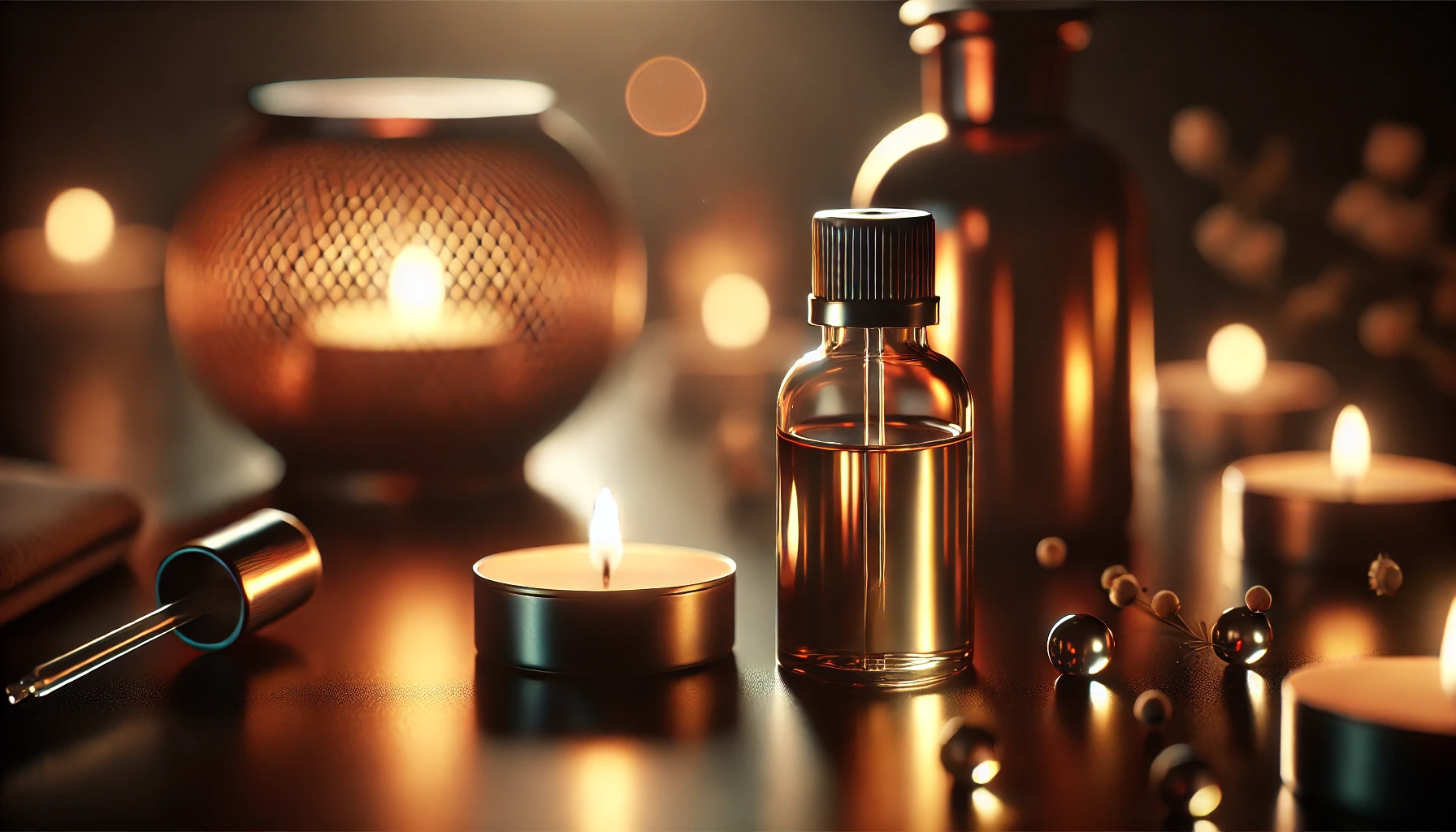 närbild av dämpad belysning och en flaska eterisk olja, med mjukt ljus från ett ljus eller diffuser som skapar en varm och avslappnande atmosfär.