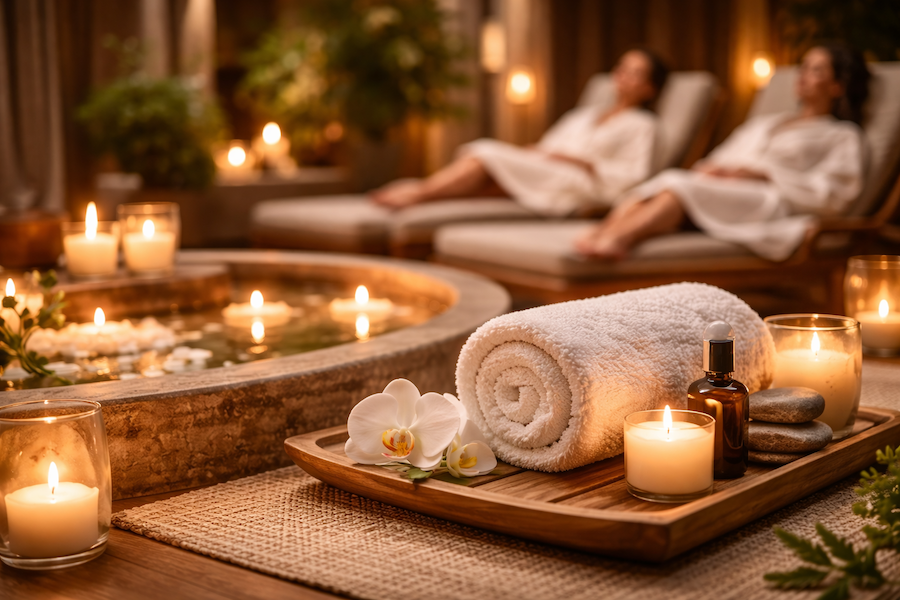 Lugn spa-miljö med tända ljus, hoprullad handduk, aromaflaska och avkopplande stämning i varmt, mjukt ljus.